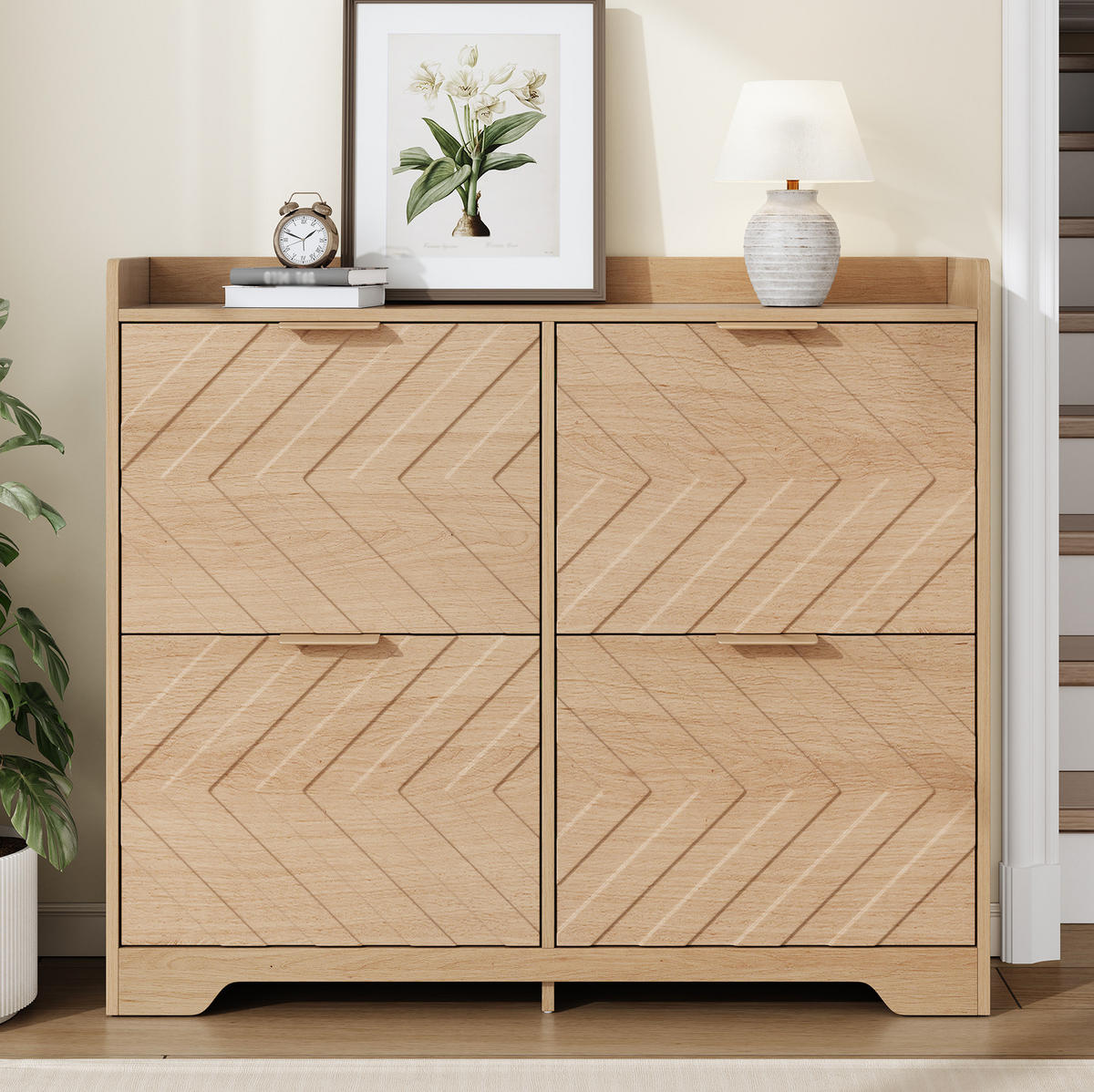 SCHUHSCHRANK 105/24/90 cm mit 4 Klappfächern, 3D-Strukturfront und Ablagefläche, MDF, Natur - Naturfarben, Holzwerkstoff (105/90/24cm) - Redom