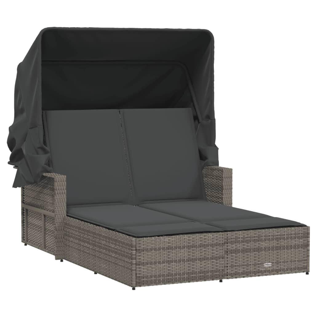 DOPPEL-SONNENLIEGE Mit Dach Und Auflagen Grau Poly Rattan - Grau, Kunststoff (110/149/201cm) - vidaXL