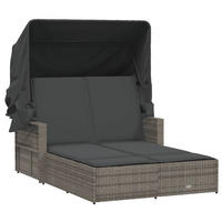 DOPPEL-SONNENLIEGE Mit Dach Und Auflagen Grau Poly Rattan - Grau, Kunststoff (110/149/201cm) - vidaXL