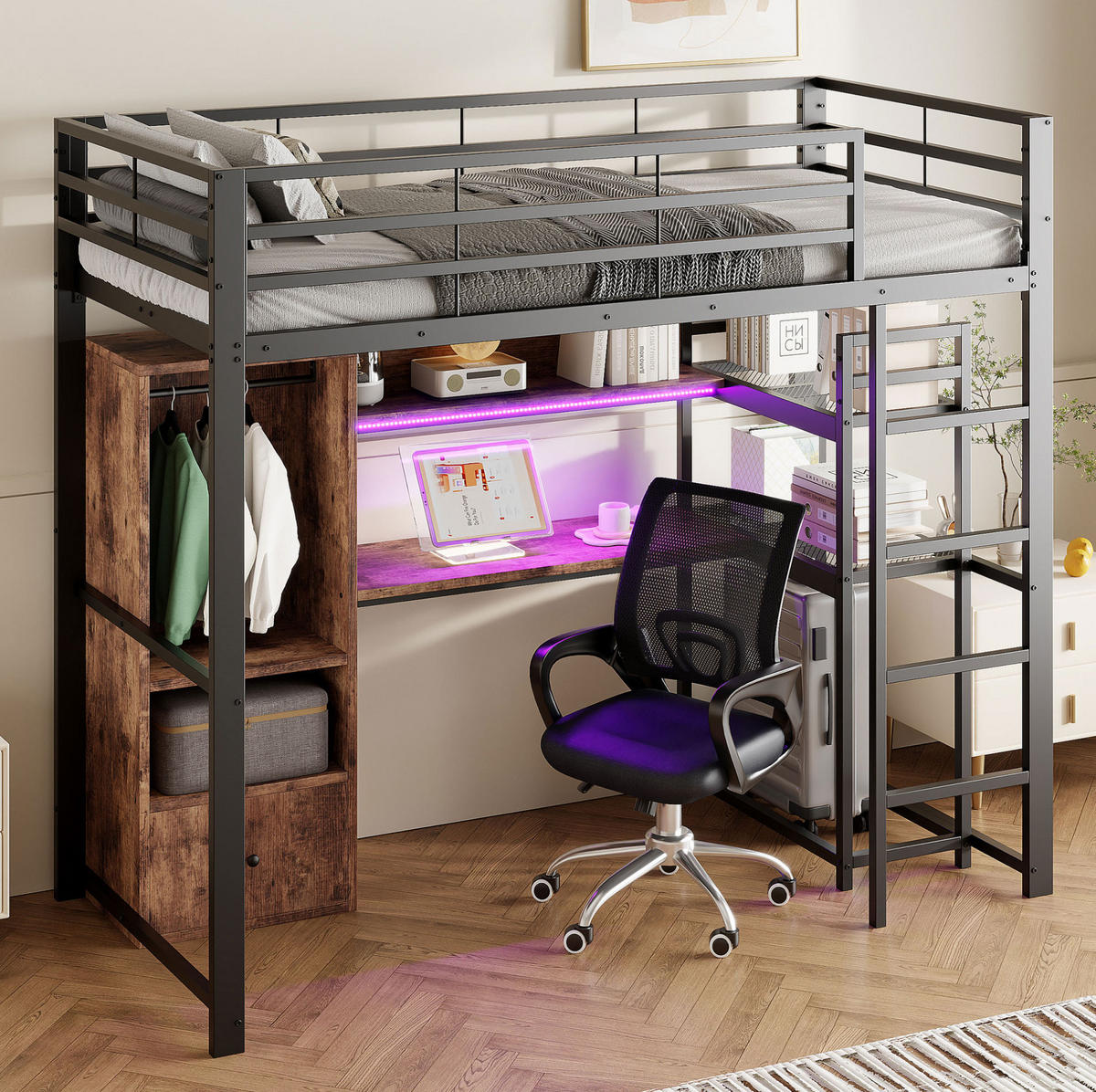 HOCHBETT 90/200 cm schwarz aus Metall/MDF mit Schreibtisch - Schwarz, Holzwerkstoff (90/200cm) - OKWISH