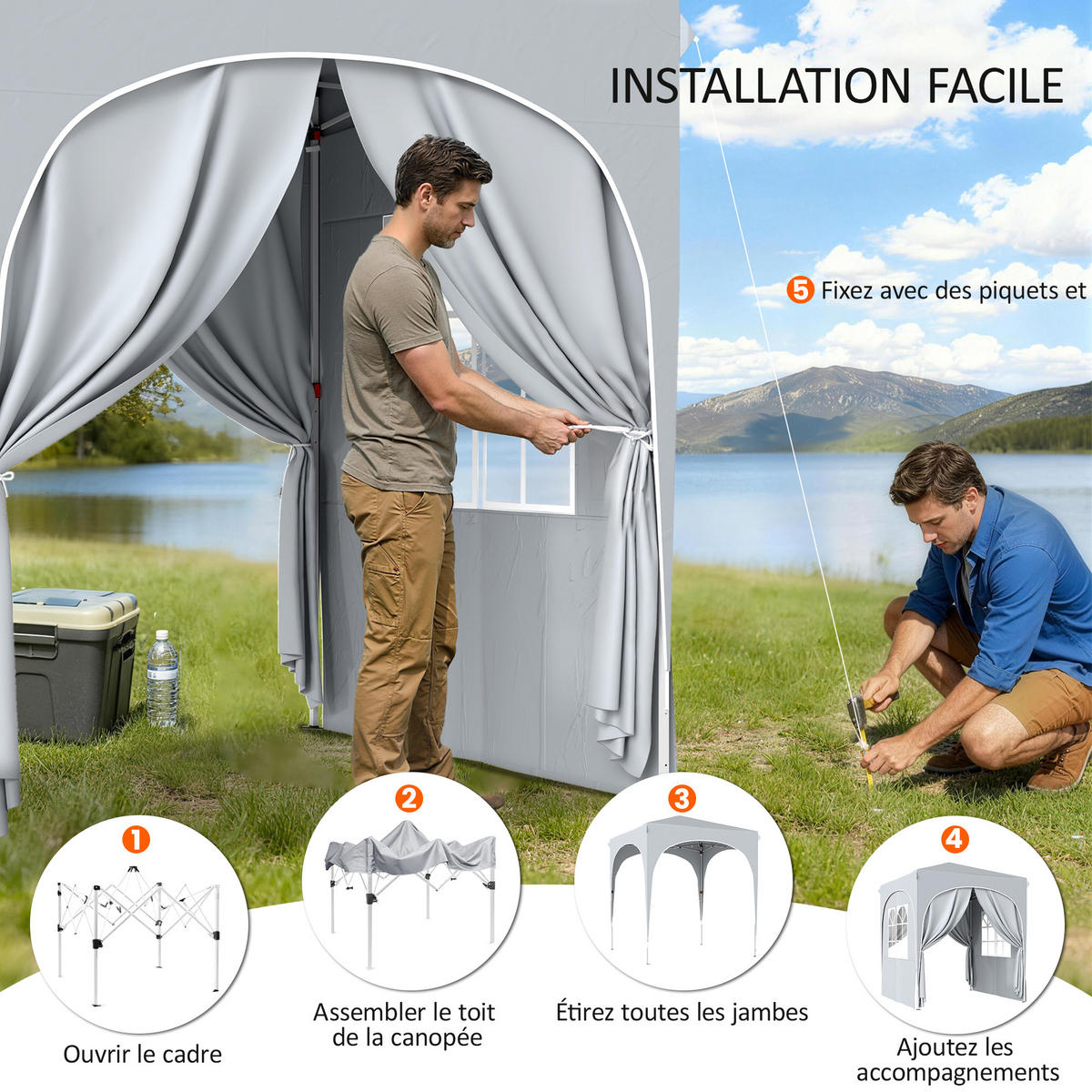 PAVILLON DE-14057 Pop-up 2/2 m, höhenverstellbar, UV50+, 4 Seitenwände Hellgrau - Hellgrau, Metall (203/251/203cm) - ComfortXL