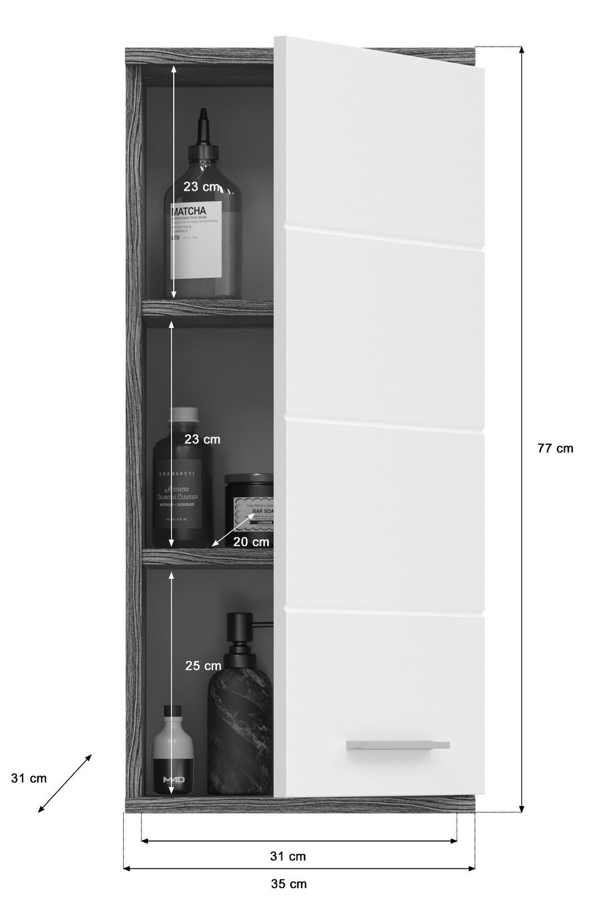 HÄNGESCHRANK weiß Hochglanz, grau, Badschrank mit 3 Fächern - Weiß Hochglanz/Silberfarben, Holzwerkstoff/Kunststoff (35/77/25cm) - Inn.Furn