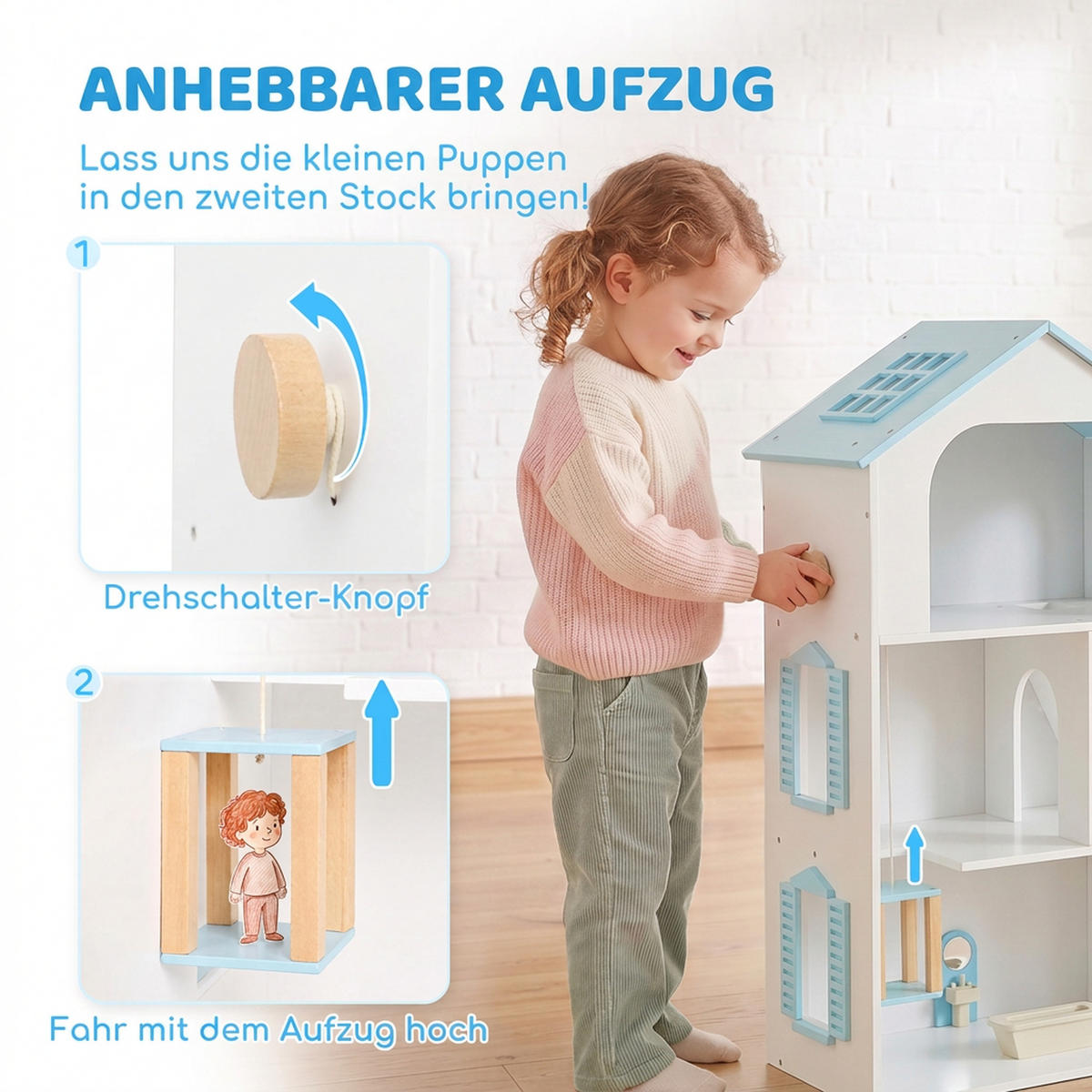 PUPPENHAUS MDF Kiefernholz Blau - Blau, Holzwerkstoff (29.5/79.5/63.5cm) - AIYAPLAY