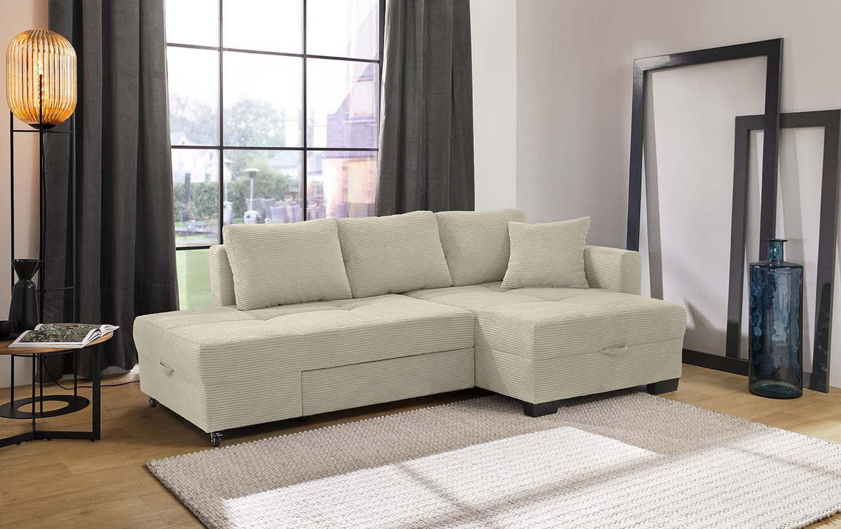 ECKSOFA Doppelbett mit Bettkasten, seitenverkehrt montierbar B247/T155/H87 cm, Liegefläche 183x207 cm, Cord Beige Grau / 15215 - Greige/Beige, Kunststoff/Textil (247/155cm) - luma-home