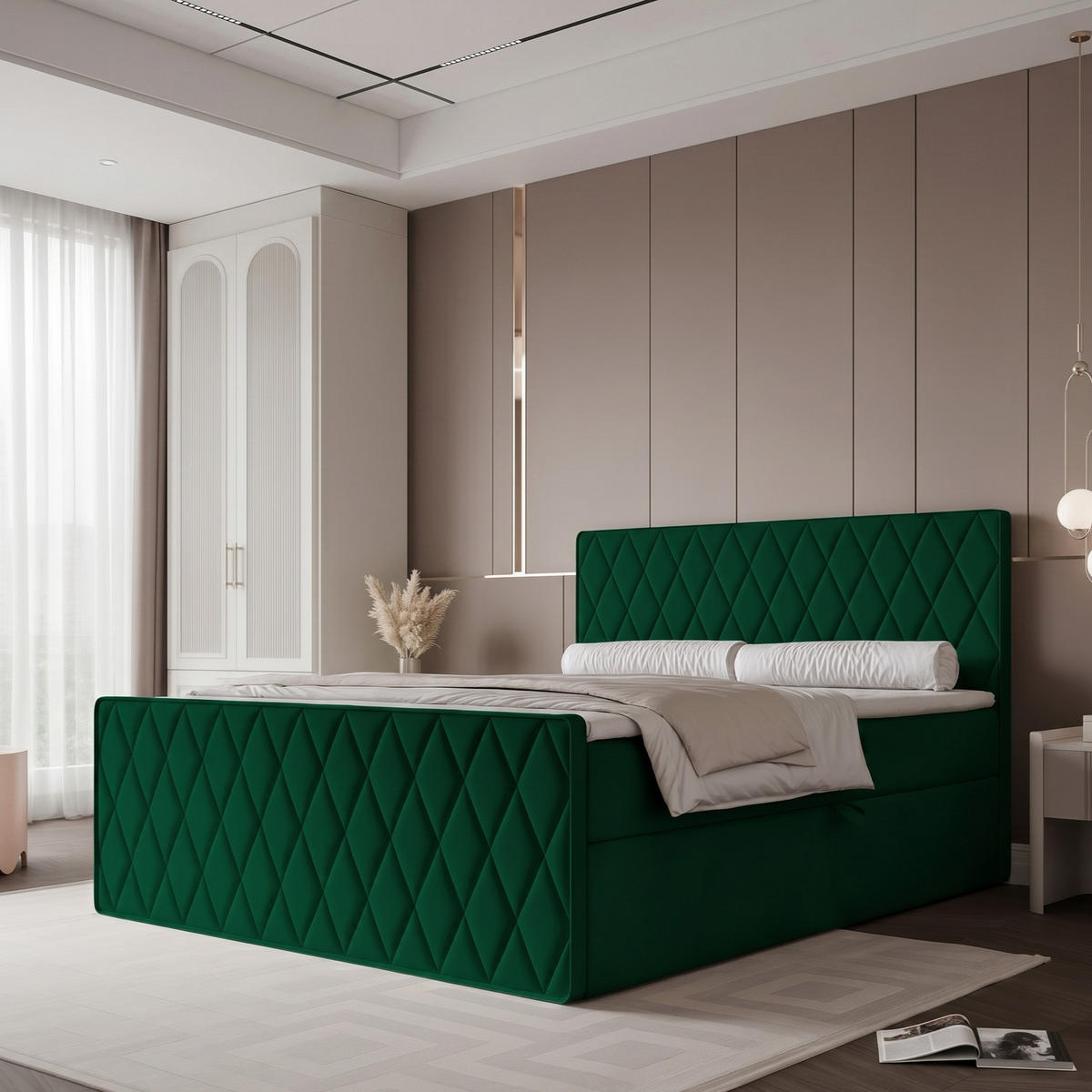 BOXBETT PONTI III 140x200 cm Dunkelgrün (Samt) - mit 2 Bettkästen, Bonellmatratze und Rautensteppung - Dunkelgrün, Holzwerkstoff/Textil (140/200cm) - Ravio