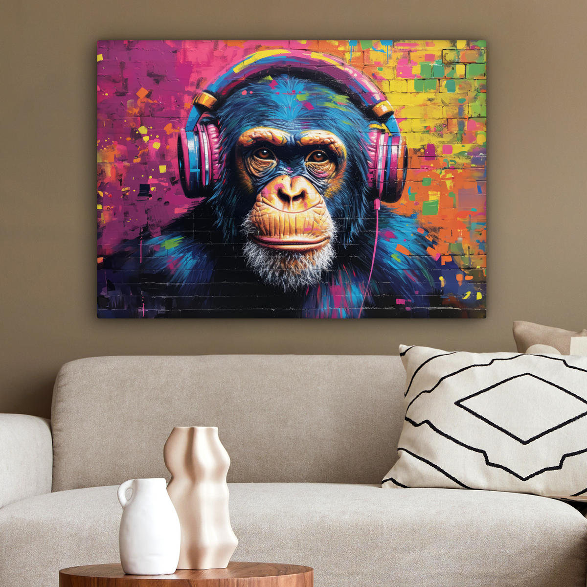 LEINWANDBILD Graffiti - Schimpanse - Straßenkunst - Kopfhörer - Affe Wandbilder 80x60 cm - Blau, Textil (80/60cm) - MuchoWow