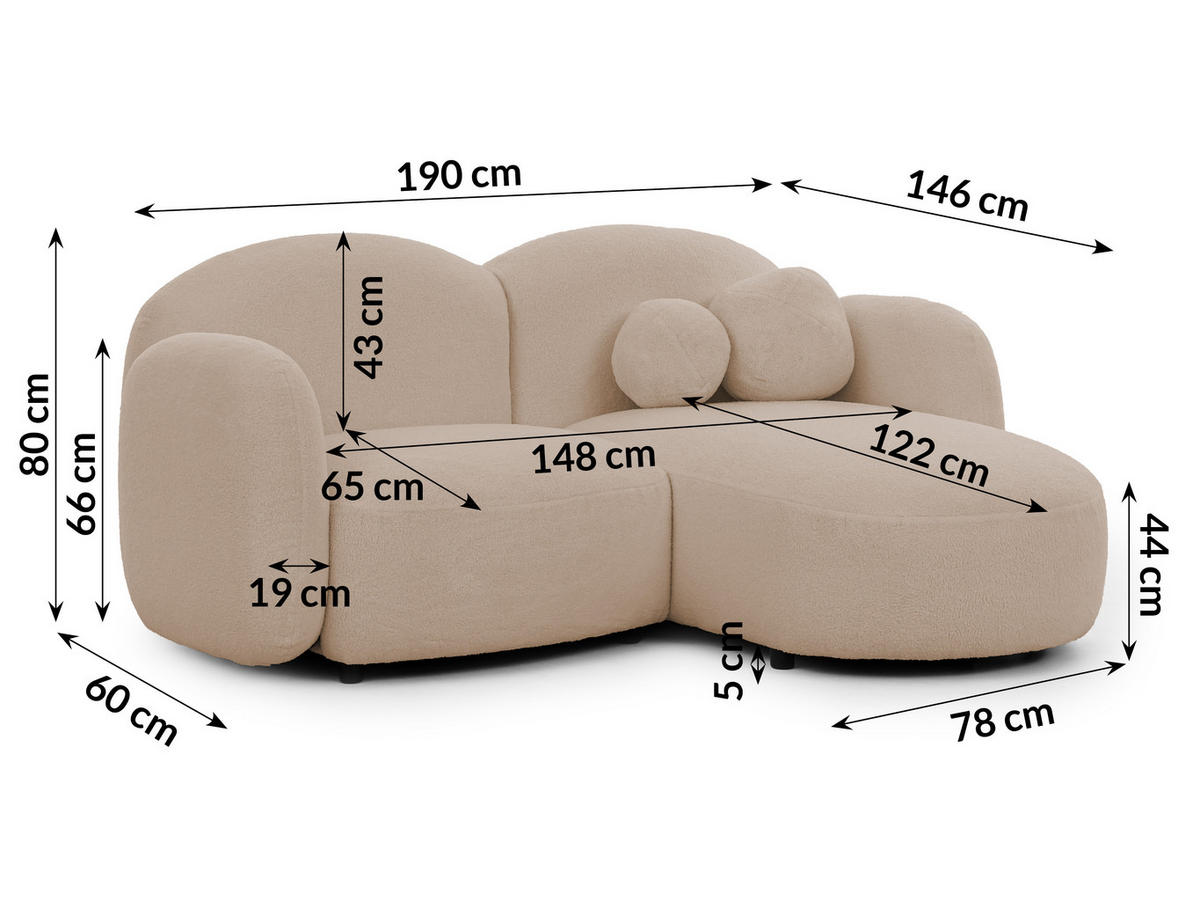 ECKSOFA Nuvola mit abgerundetem Design Hellbeige Bouclé-Stoff - Ottomane Rechts - Beige/Schwarz, Holz/Kunststoff (190/146cm) - S-Style Möbel