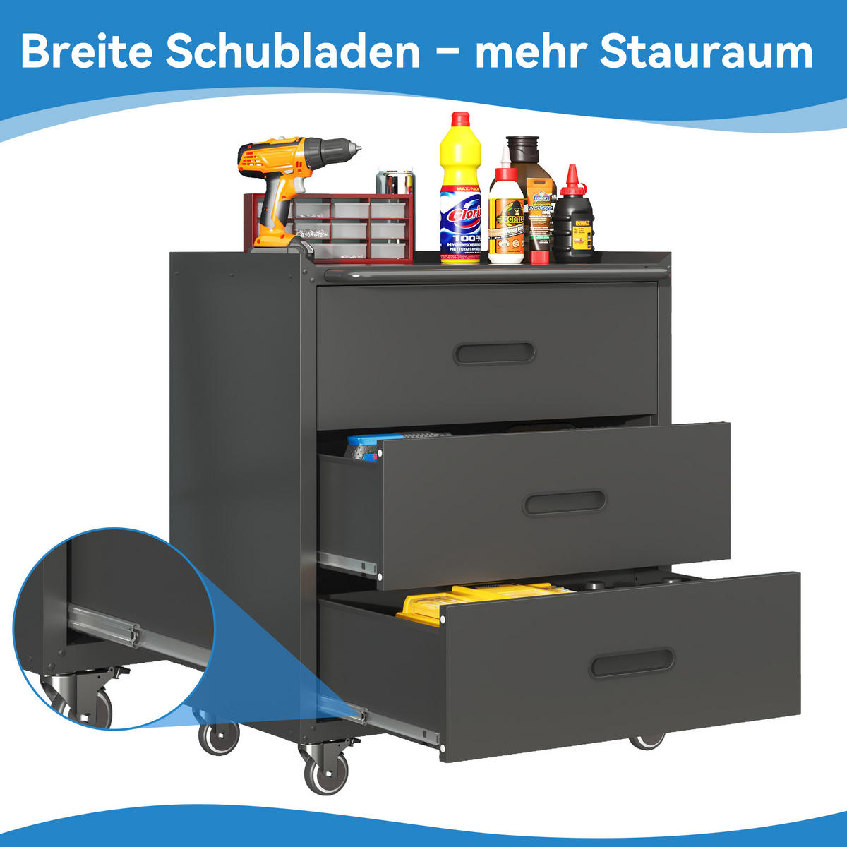 KOMBIMÖBEL – 3 Schubladen, 75 × 42 × 88 cm, Schwarz/Grau - Schwarz, Metall (42/88.01/75.01cm) - DCA