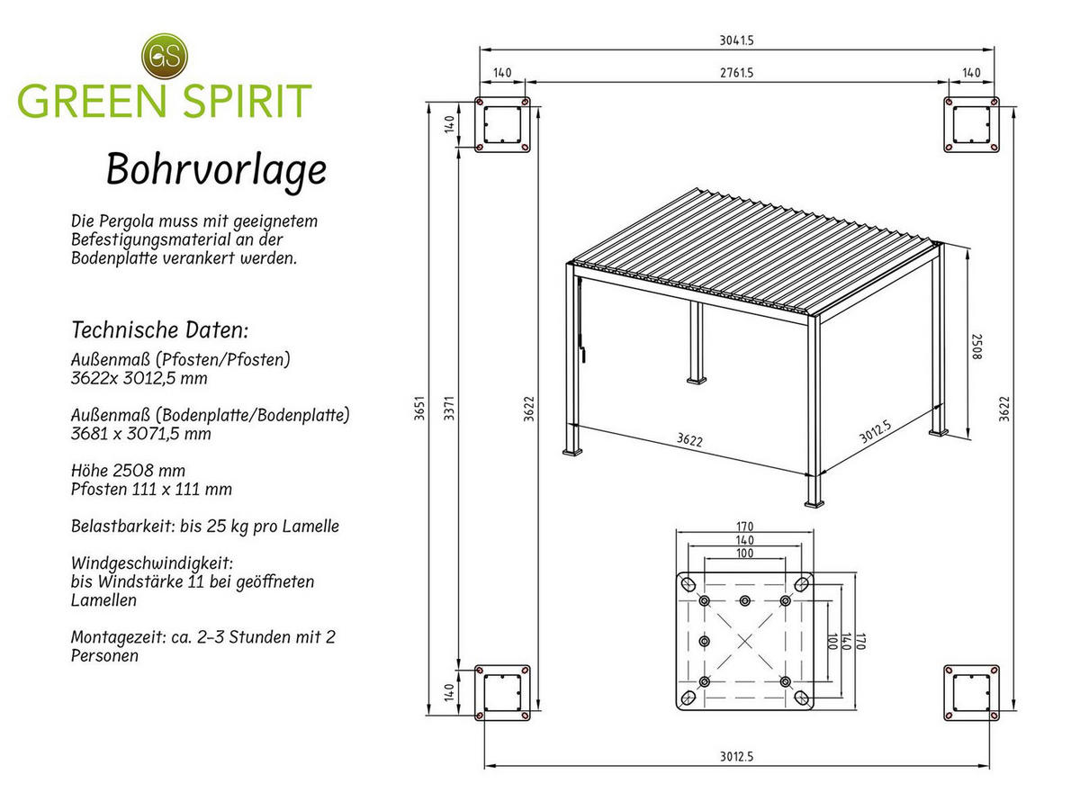 LAMELLENDACH-PERGOLA Mirador Deluxe 3x3,6 m Anthrazit Aluminium - Grau, Kunststoff (360/250/300cm) - Green Spirit