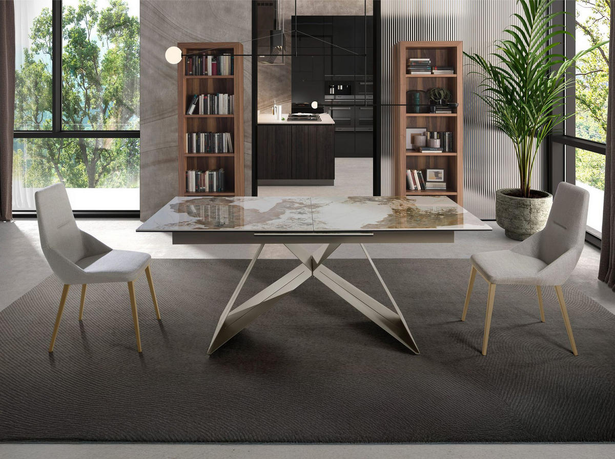 ESSTISCH Rechteckiger ausziehbarer Esstisch aus Porzellanmarmor und taupefarbenem Stahl 180/90/76 cm - Goldfarben/Weiß, Stein (90/180/76cm) - ANGEL CERDA