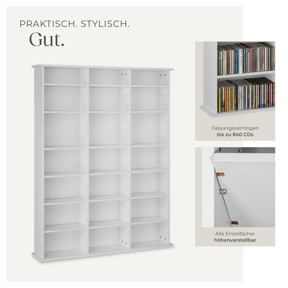 CD/DVD Regal Stevie,105,5 x 19 x 136,5 cm,weiß matt - Weiß, Holz (19/136.5/105.5cm) - tectake