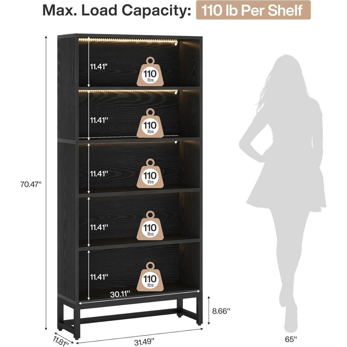 BÜCHERREGAL mit LED-Beleuchtung 180 cm Schwarz - Schwarz, Holzwerkstoff (30/180/80cm)