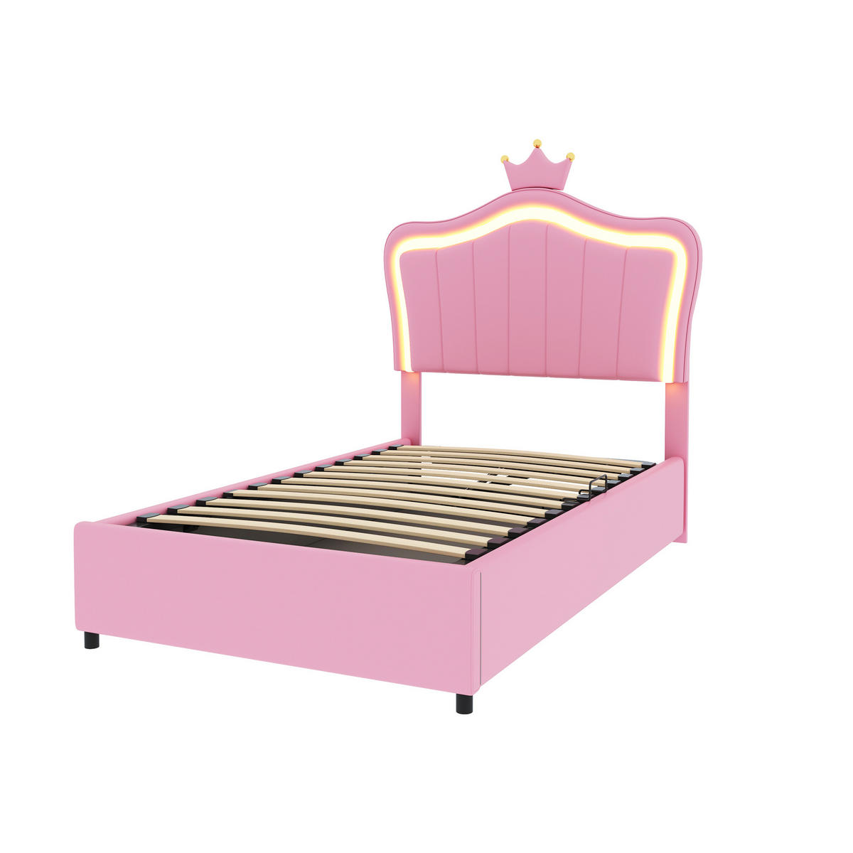 POLSTERBETT 90/200 cm rosa mit Kronendesign und LED-Beleuchtung - Pink, Textil (90/200cm) - OKWISH