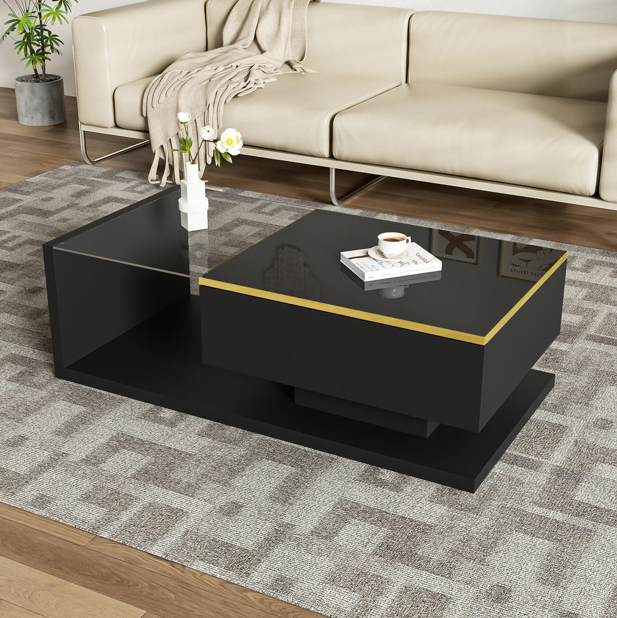 COUCHTISCH aus Spanplatte und Glas 100x50x32,5 cm in Schwarz mit LED-Beleuchtung - Schwarz, Holzwerkstoff (100/50/32.5cm) - Modfu
