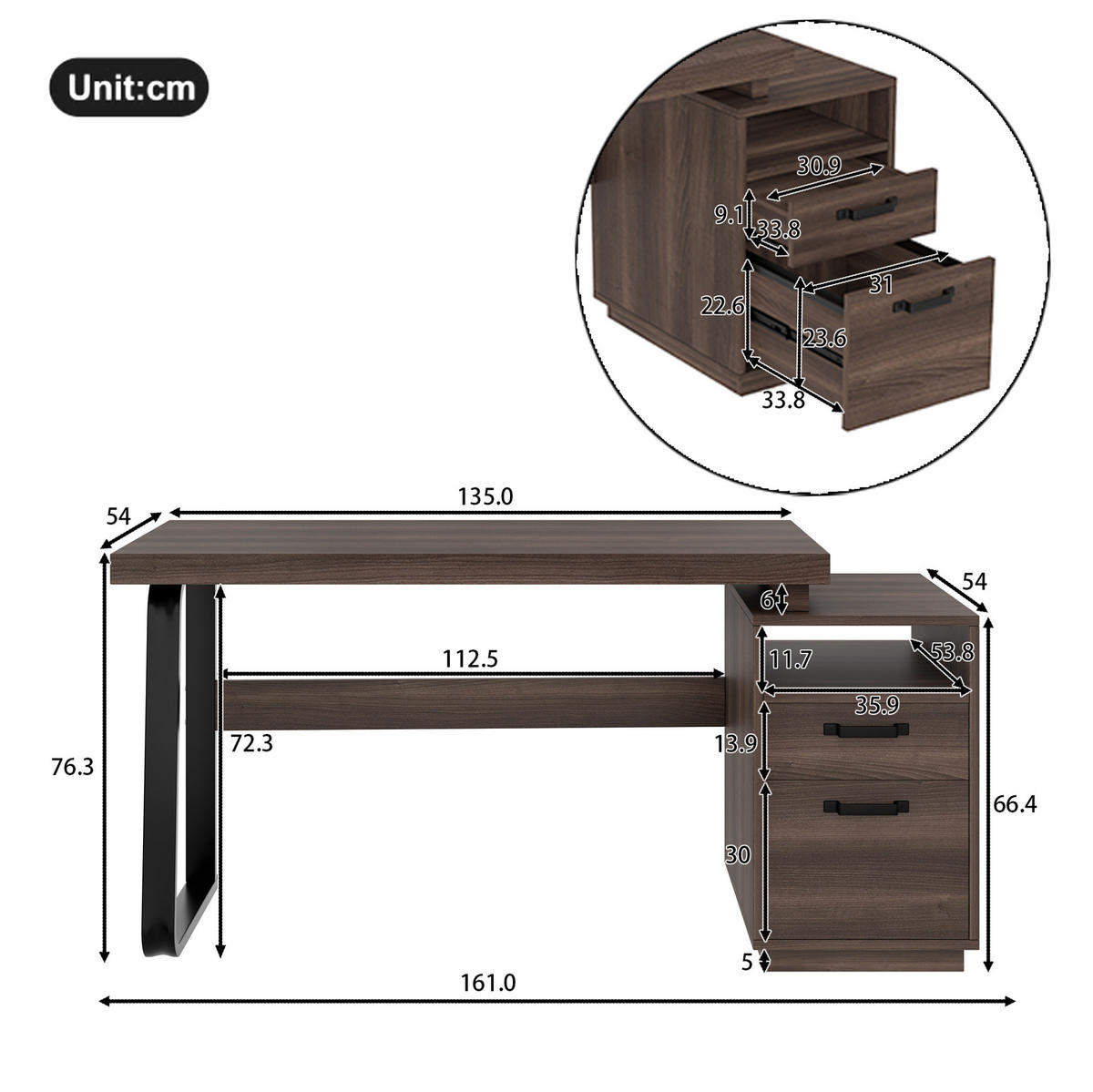SCHREIBTISCH 135/54 cm mit Schublade und Ablage in Braun - Dunkelbraun, Holzwerkstoff (161/54/76.4cm) - BEAOK