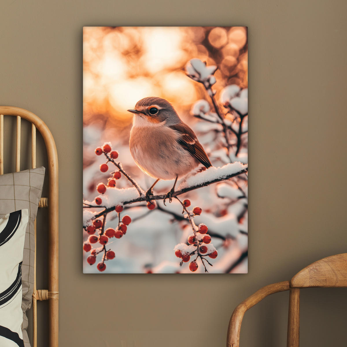 LEINWANDBILD Vogel - Zweig - Winter - Tiere - Schnee 40x60 cm - Bernsteinfarben, Textil (40/60cm) - MuchoWow