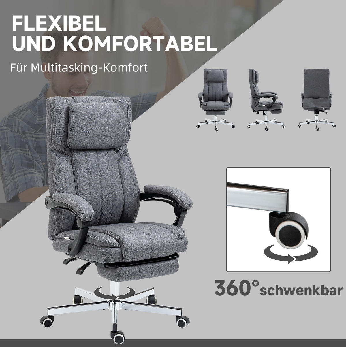 CHEFSESSEL 65/105-113/61 cm Grau aus Polyester mit Vibrationsmassage - Grau, Kunststoff (61/113/65cm) - OKMYHOME