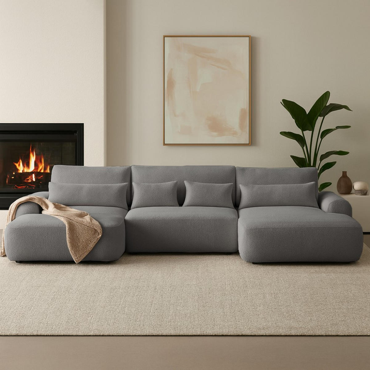 WOHNLANDSCHAFT Oliver mit Schlaffunktion, Dunkelgrau, Bouclé-Stoff - Dunkelgrau/Schwarz, Holzwerkstoff (355/87/160cm) - Beautysofa