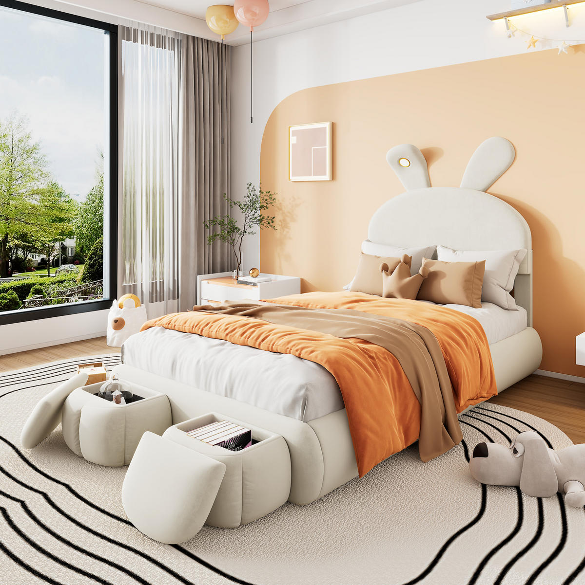 POLSTERBETT 90/200 cm aus Samt mit LED-Hasenohren und 2 Aufbewahrungshockern Beige - Beige, Textil (90/200cm) - Modenvie
