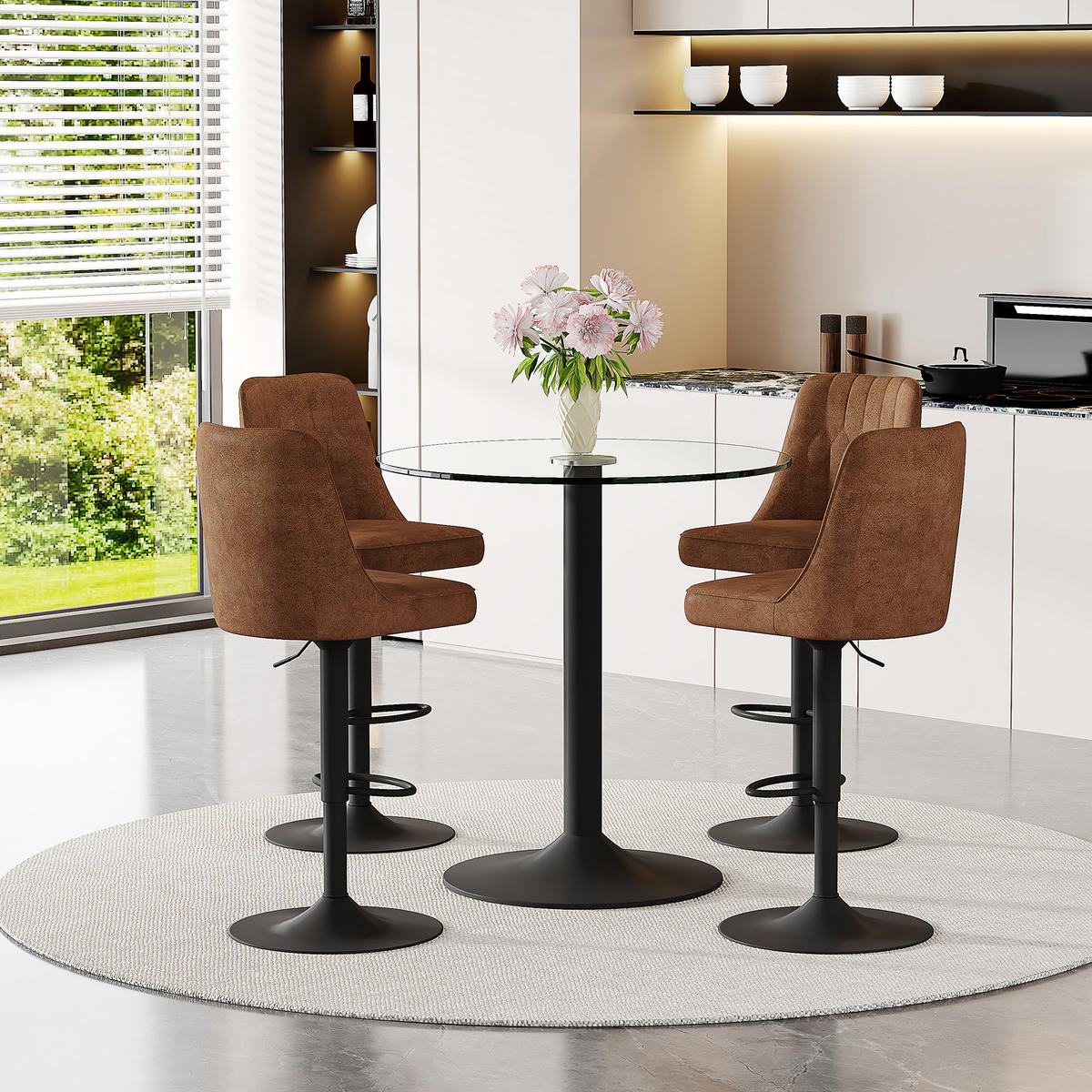 BARTISCH-SET DE-39421 5-teilig, Glastisch und 4 Hocker Braun - Braun, Metall (89/60/92cm) - ComfortXL
