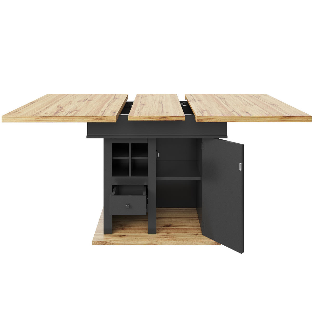 ESSTISCH aus MDF 110-140x80x75 cm Schwarz/Natur ausziehbar mit höhenverstellbaren Regalen und Soft-Close-Türen - Schwarz, Holzwerkstoff (140/80/75cm) - Modfu