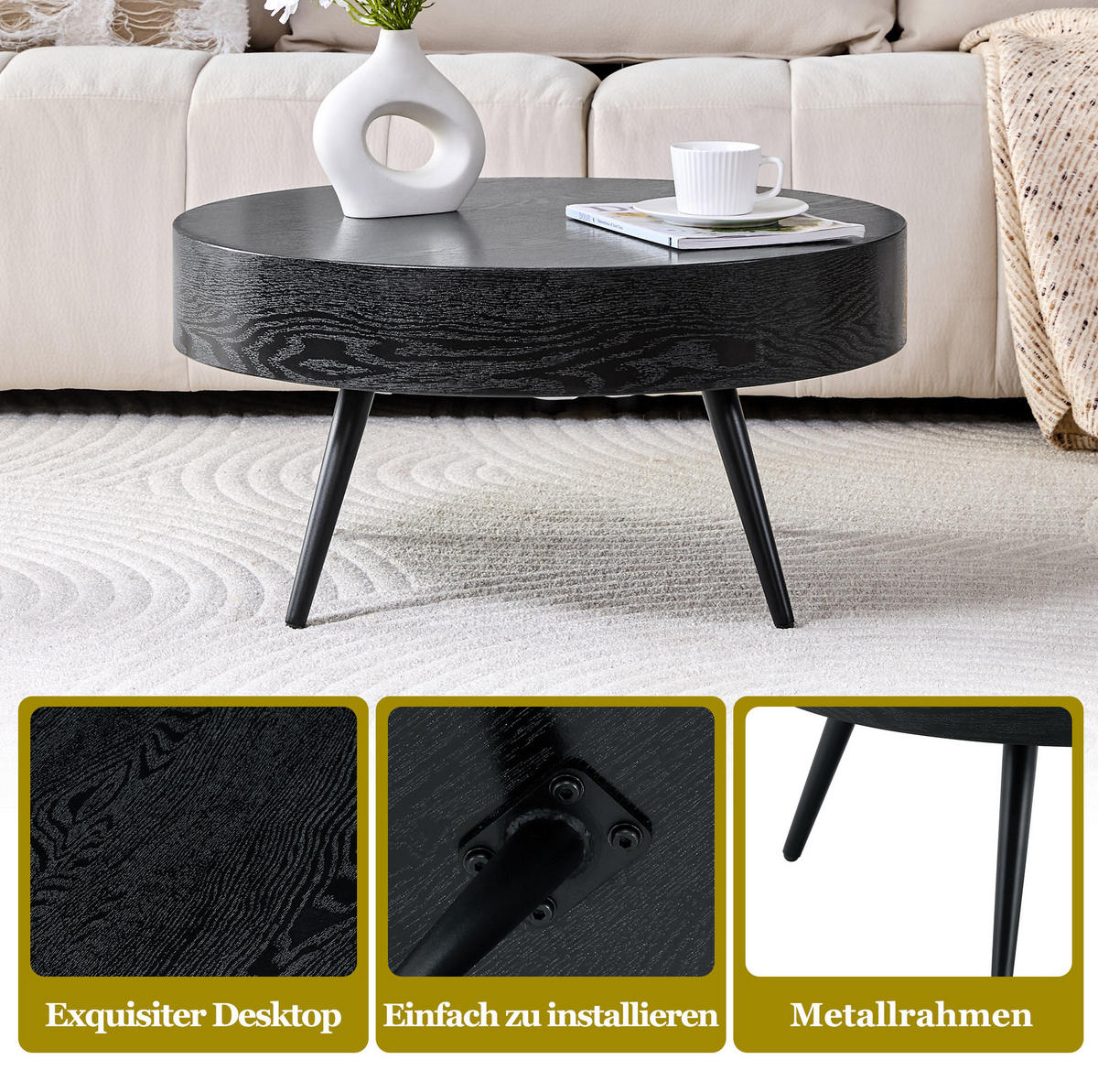 COUCHTISCH rund Ø 70 cm MDF Holzoptik Schwarz - Schwarz, Metall (70/70/35.5cm) - Meubliv