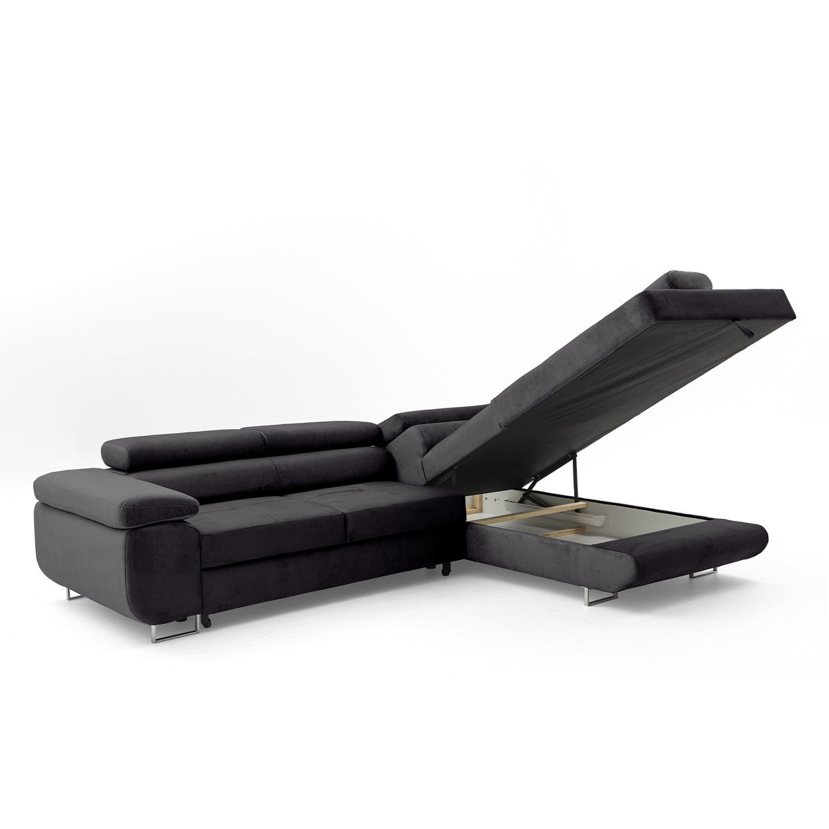 ECKSOFA WILD L Rechts mit Schlaffunktion 127x195 Velours Dunkelgrau - Chromfarben/Dunkelgrau, Holz/Textil (274/203cm) - Muffo