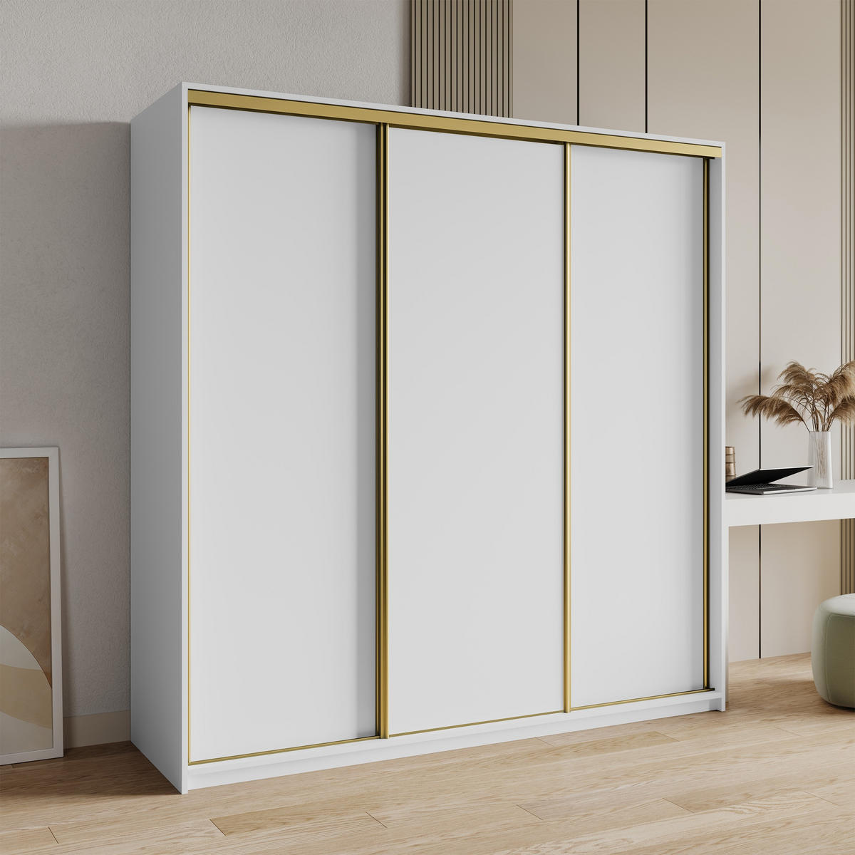 SCHWEBETÜRENSCHRANK NISSE 180/205/60 cm 3-türig mit Schubladen Weiß - Goldfarben/Weiß, Holzwerkstoff (180/205/60cm) - MASSENO