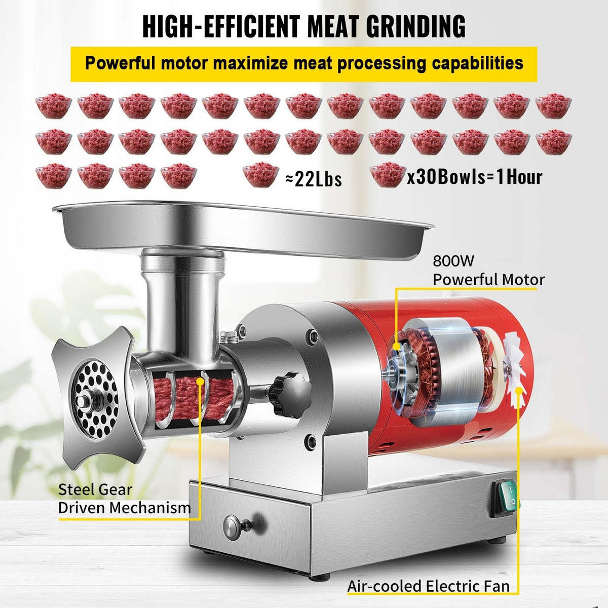 FLEISCHWOLF 800W Edelstahl Rot - Silberfarben, Metall (30.02/43/60.02cm) - Rolipo