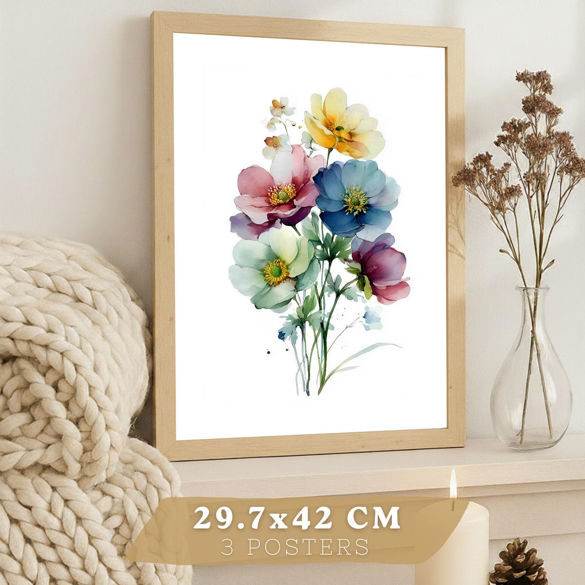PLAKAT Sada 3 botanických uměleckých tisků. Květinové nástěnné umění. Květinové tisky. Velikost Světlý dřevěný rám A3 - béžová, papír (29.7/42/3cm) - Nacnic