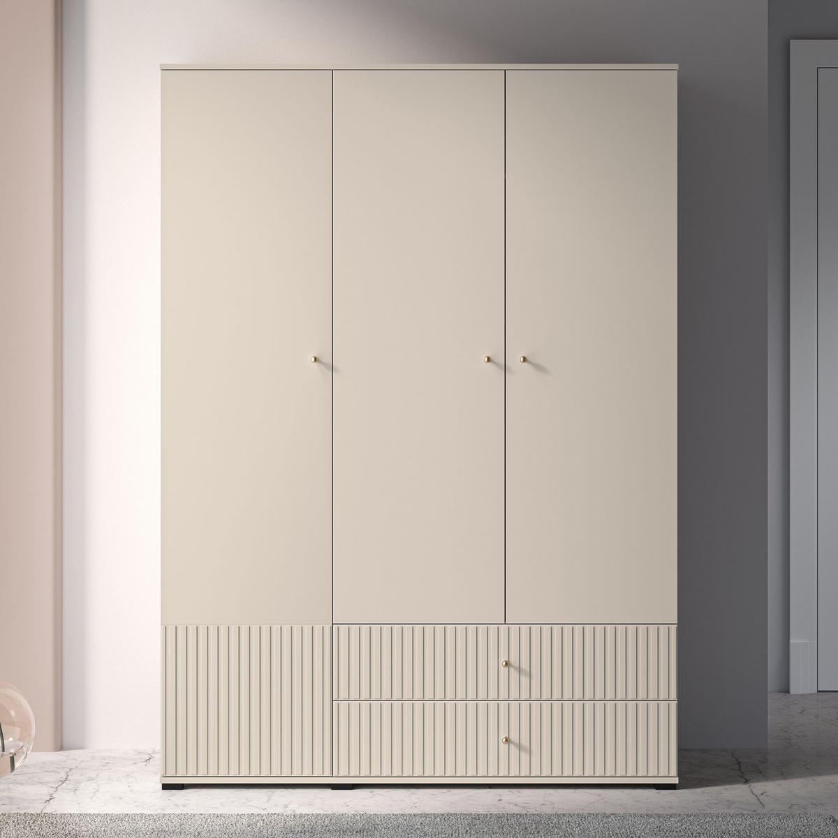 KLEIDERSCHRANK DROMA 3-Türig,Creme - Creme/Schwarz, Holzwerkstoff (150/210/55cm) - KONSIMO®