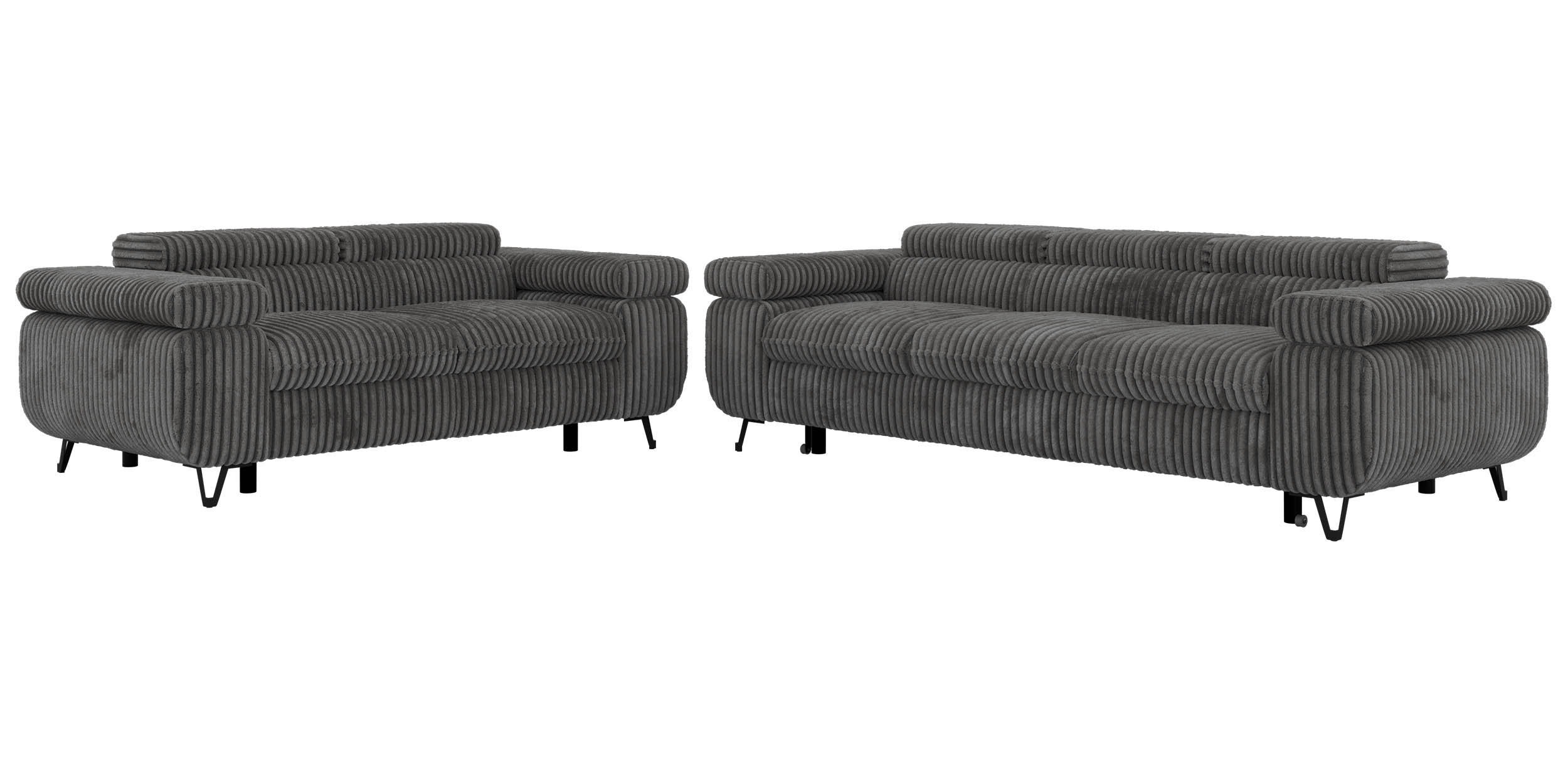 SITZGARNITUR PETERS 2+3 - Grau Cord - Schwarz/Grau, Textil/Metall (262/76/99cm) - MKS