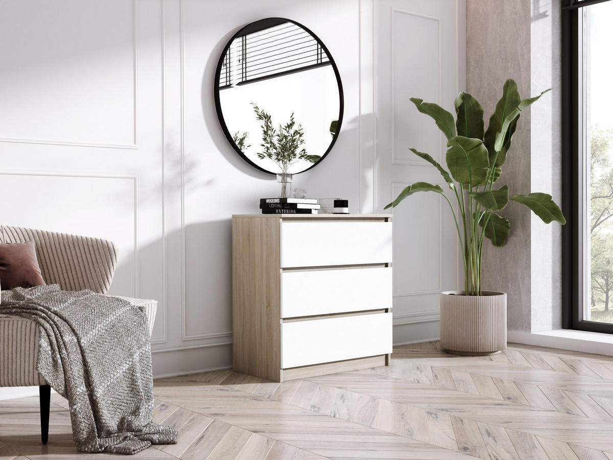 KOMMODE 3 Schubladen, Farbe: Sonoma-Eiche / Mattweiß, 78 x 70 x 39 cm - Weiß/Sonoma Eiche, Holzwerkstoff (70/78/39cm) - 3XE LIVING