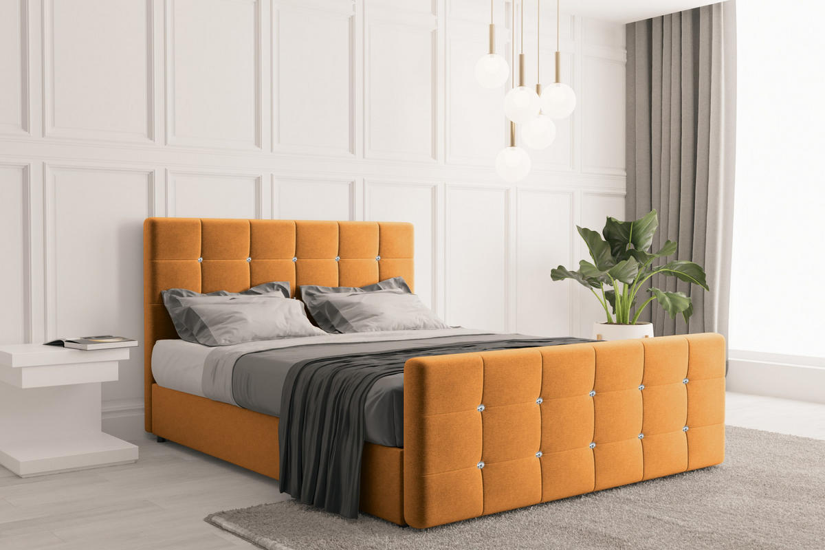 BOXBETT Mit Bettkasten Und Matratze Topper ROMA 200x200 cm Orange H3-Bonell - Dunkelblau/Orange, Holz/Holzwerkstoff (200/200cm) - Kaiser Möbel