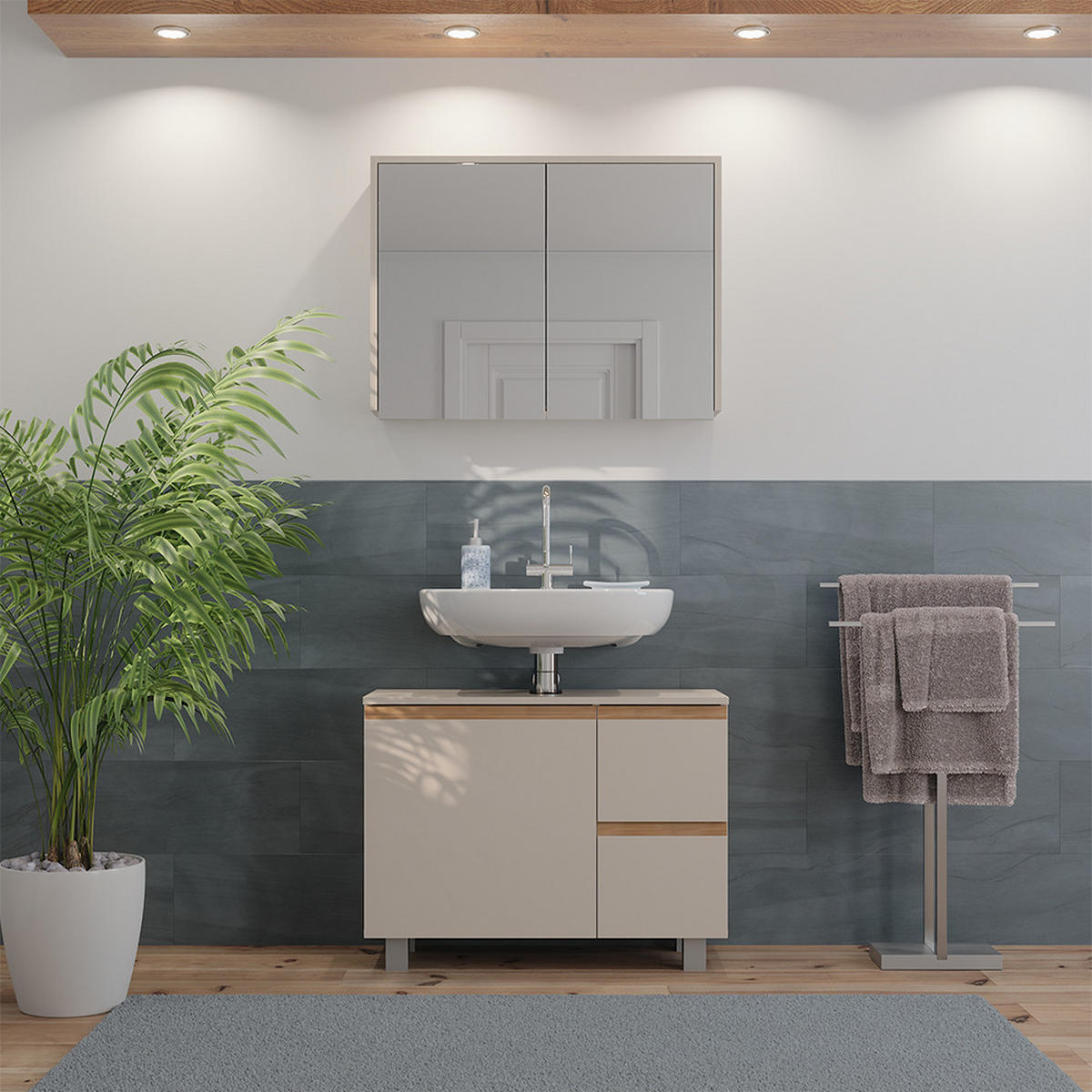 BADMÖBEL-SET J-Shape Cashmere/Artisan 2 Teile - Kaschmir/Hellgrau, Holzwerkstoff (80/60.8/33cm) - Vicco