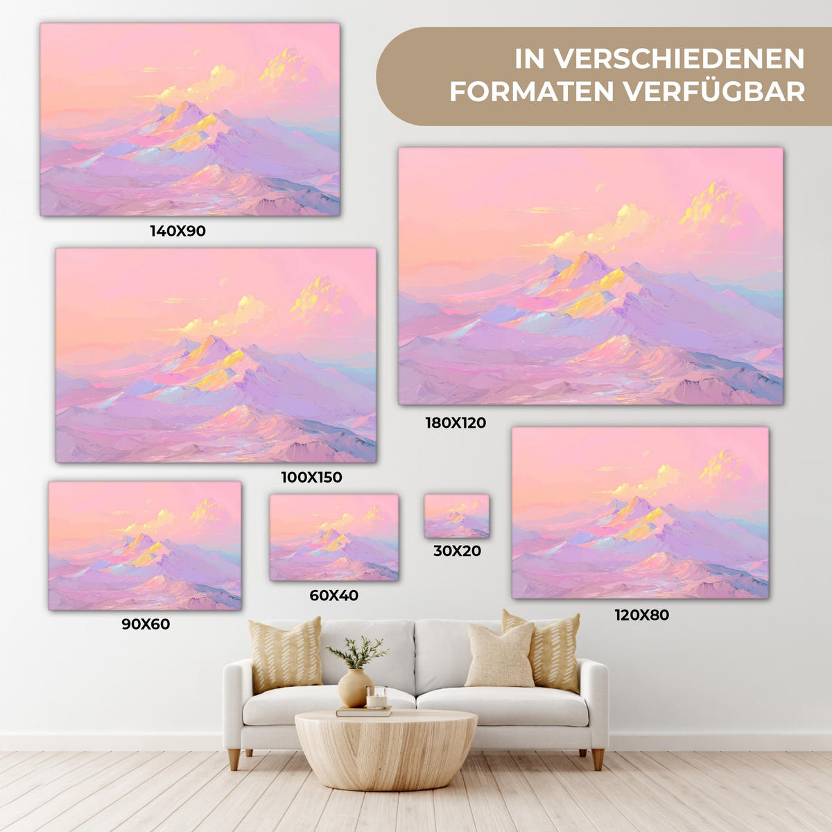 LEINWANDBILD Berggipfel - Wolken - Verträumt XXL 150x100 cm - Hellrosa, Textil (150/100cm) - MuchoWow
