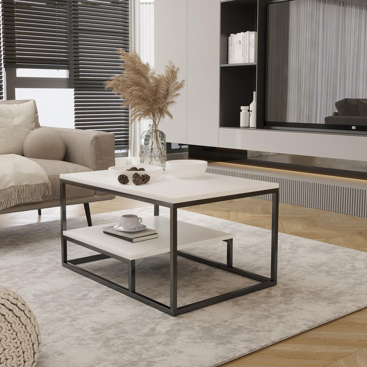 COUCHTISCHE Balance Weiß, Schwarz Gestell, Kaffeetisch mit Regal - Schwarz/Weiß, Holzwerkstoff (60/90/48cm) - Bettso