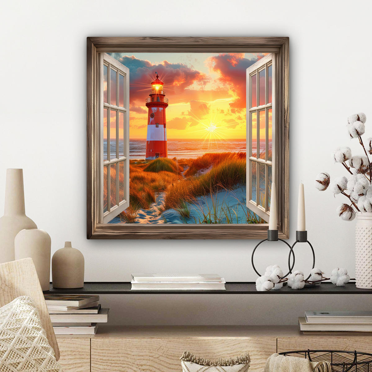 LEINWANDBILD Aussicht - Fenster - Leuchtturm - Sonnenuntergang - Strand 50x50 cm - Dunkelorange, Textil (50/50cm) - MuchoWow