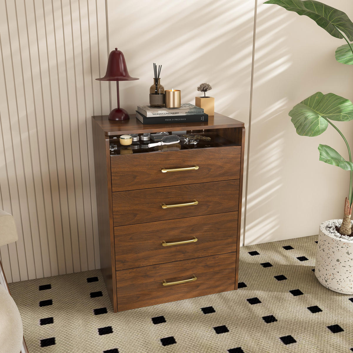 SCHMINKKOMMODE in Nussbaum 60/40/118 cm aus MDF mit 3 Schubladen, Klappspiegel und Glasplatte - Nussbaumfarben, Glas/Holzwerkstoff (60/118/40cm) - CHICFURN