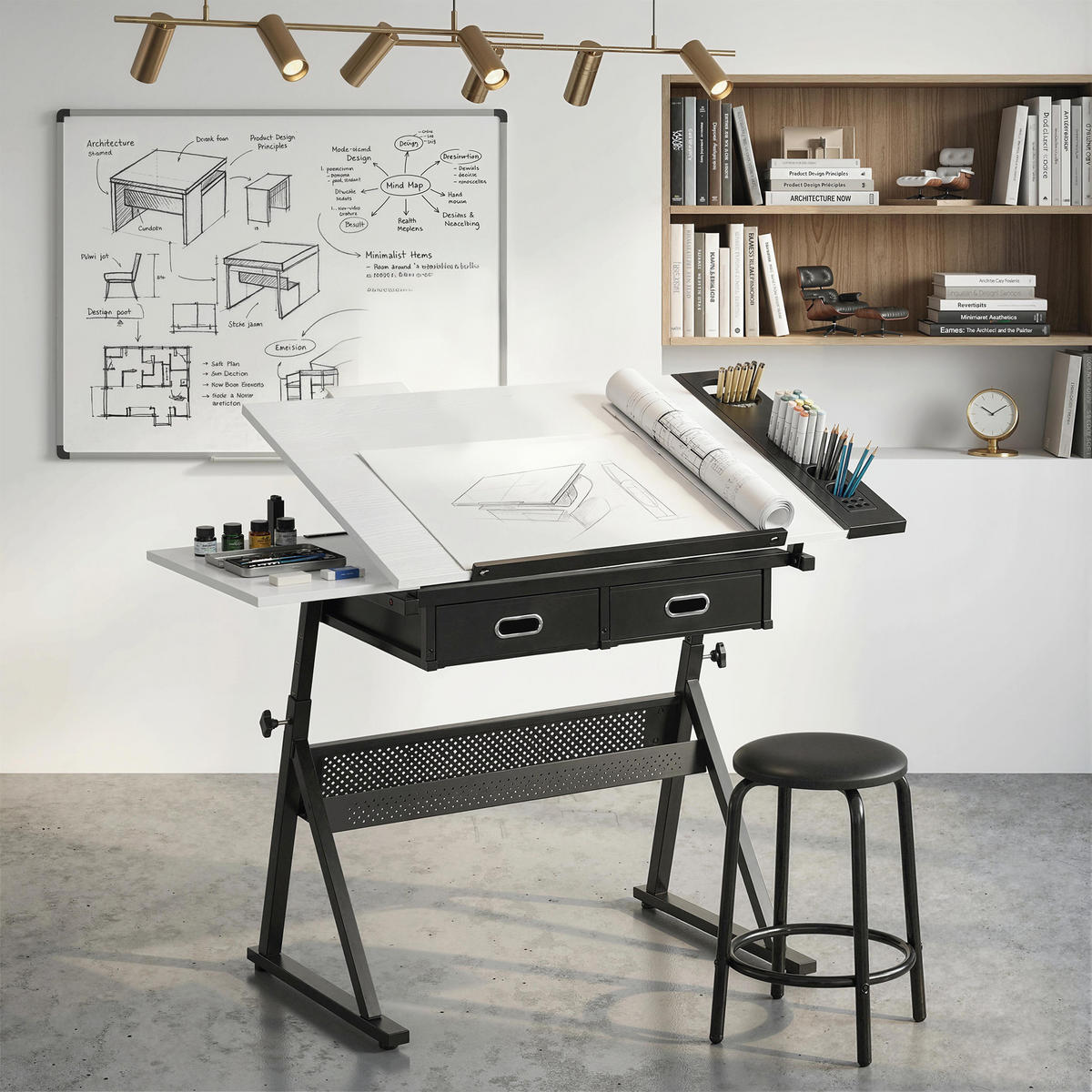 ZEICHENTISCH mit Hocker aus MDF Metall Weiß - Schwarz/Weiß, Leder/Holzwerkstoff (120/60/92cm) - HOMCOM