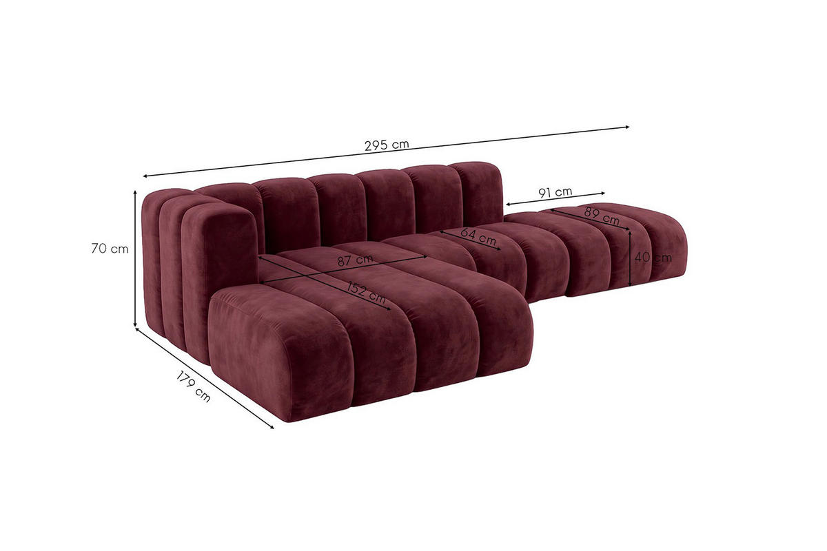 ECKSOFA Modulares In L-Form Mit Hocker, Velvet-Stoff Riviera, Rotwein, Links, GRAND Mini - Dunkelrot, Holz (295/179cm) - Kaiser Möbel