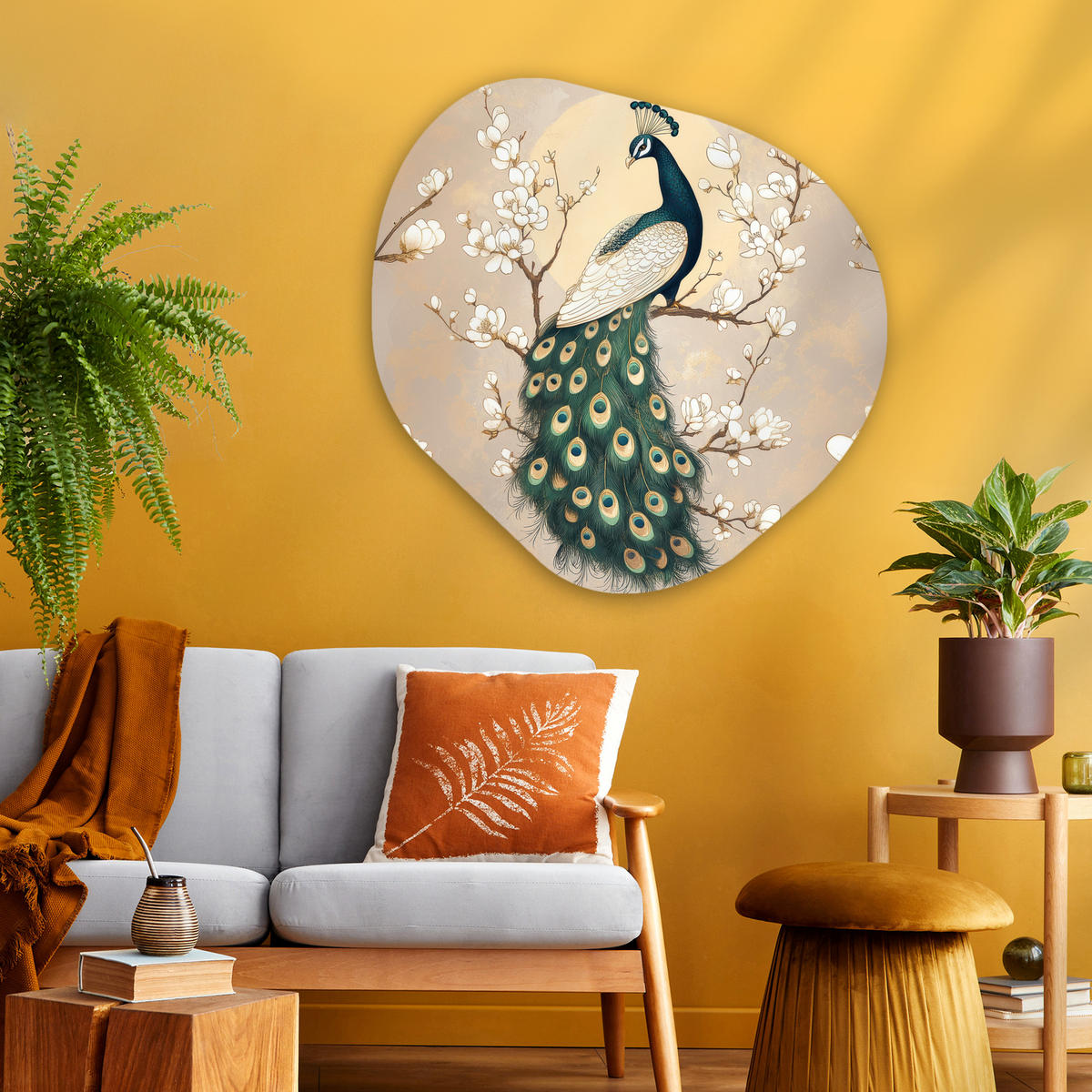 WANDBILD Pfau - Zweig - Blumen 90x90 cm - Champagner, Kunststoff (90/90cm) - MuchoWow