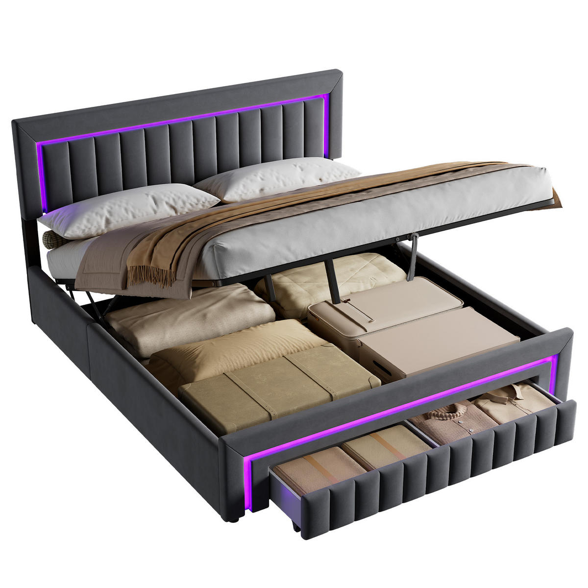 POLSTERBETT 180x200 mit Schubladen,Stauraumbett mit LED Beleuchtung,mit Stauraum,Grau - Grau, Holzwerkstoff/Textil (180/200cm) - EVRYAE