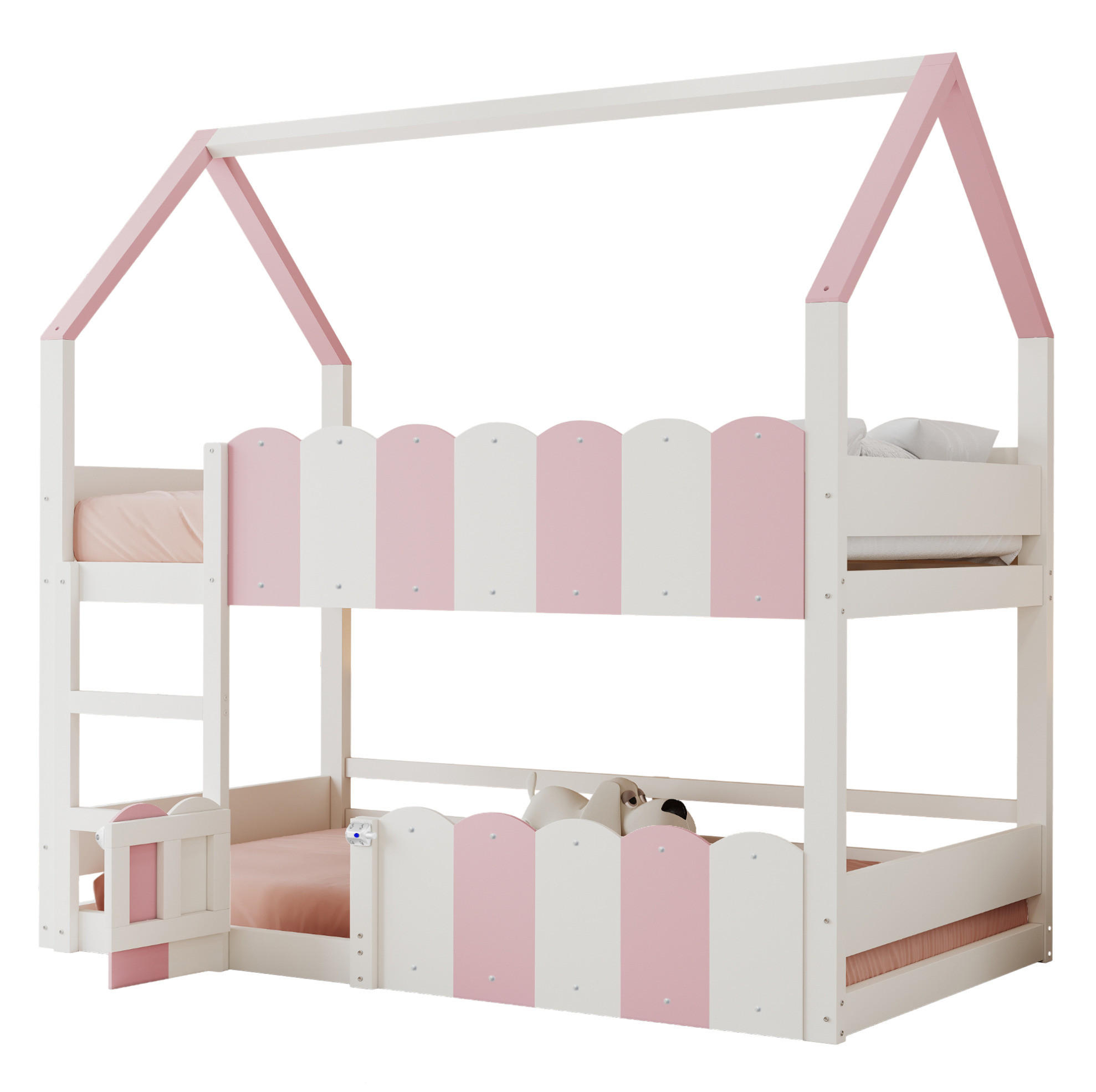 ETAGENBETT aus Holz 90x200 cm Rosa/Weiß mit Hausdesign, Sicherheitsgeländern und Klapptür - Pink, Holz (90/200cm) - Modfu