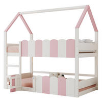 ETAGENBETT aus Holz 90x200 cm Rosa/Weiß mit Hausdesign, Sicherheitsgeländern und Klapptür - Pink, Holz (90/200cm) - Modfu