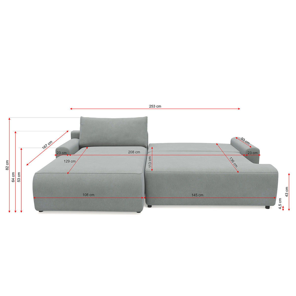 ECKSOFA mit Schlaffunktion - Longchair - Hellgrau/Schwarz, Kunststoff/Textil (253/167cm) - home24