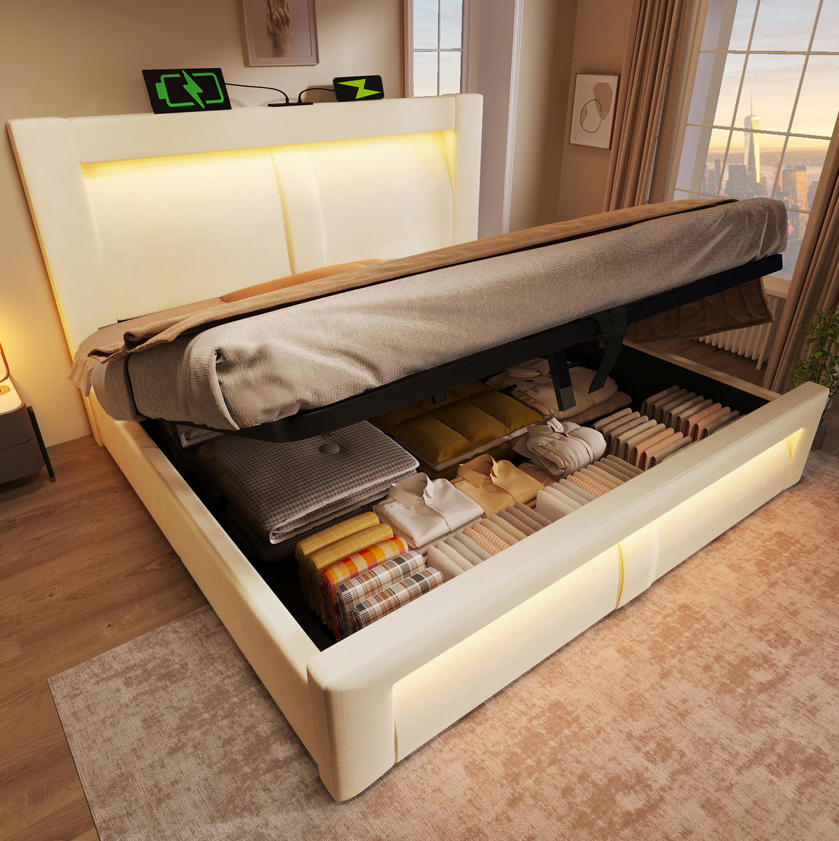 POLSTERBETT 160/200 cm Beige aus Samt mit Stauraum, LED und Ladeanschlüssen - Beige, Textil (160/200cm) - OKMYHOME