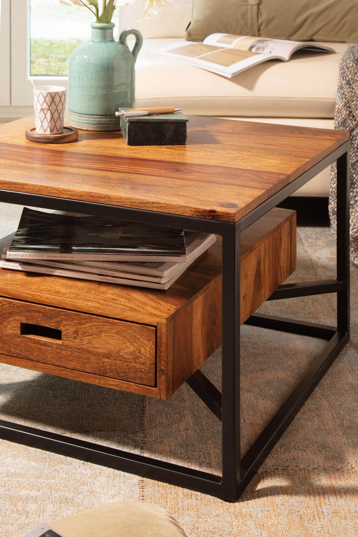 SOFATISCH Sheesham Massivholz und Metall, Quadratisch mit Schublade, Maße 60x60x40 cm - Schwarz/Braun, Holz/Metall (60/60/40cm) - KADIMA DESIGN