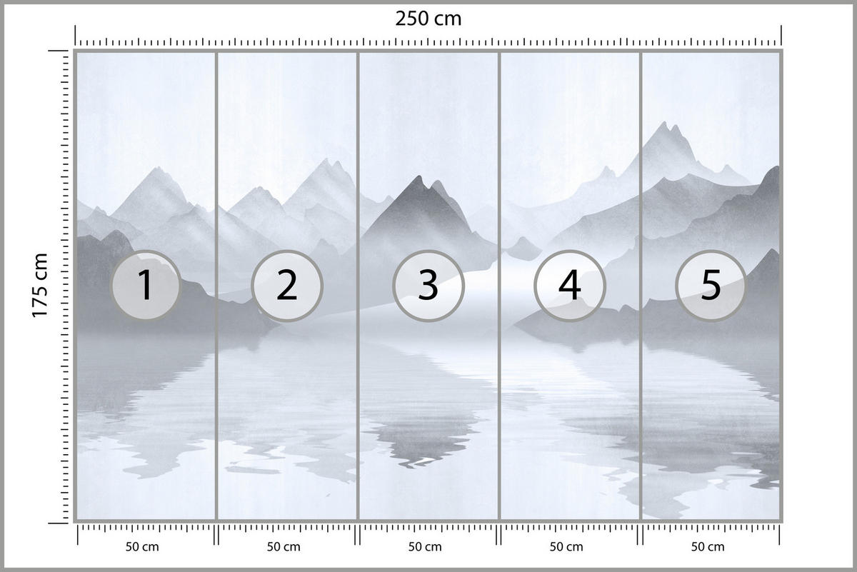 FOTOTAPETE für Wohnzimmer Aquarell Graue Berge See 250x175 - Weiß/Grau, Papier (250/175cm) - Muralo