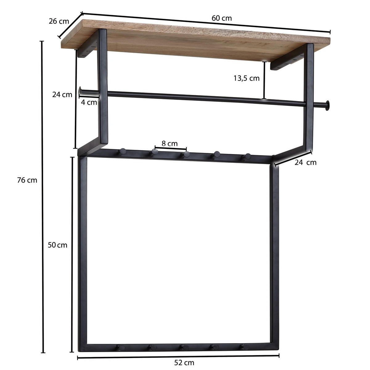 WANDGARDEROBE Massivholz Metall Modern mit 10 Haken, Kleiderstange und Ablage - Schwarz, Holz/Metall (60/76/26cm) - KADIMA DESIGN